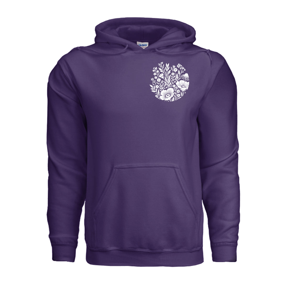 In the Waiting, God Is Working floral hoodie in Purple, front view with small wildflower chest emblem