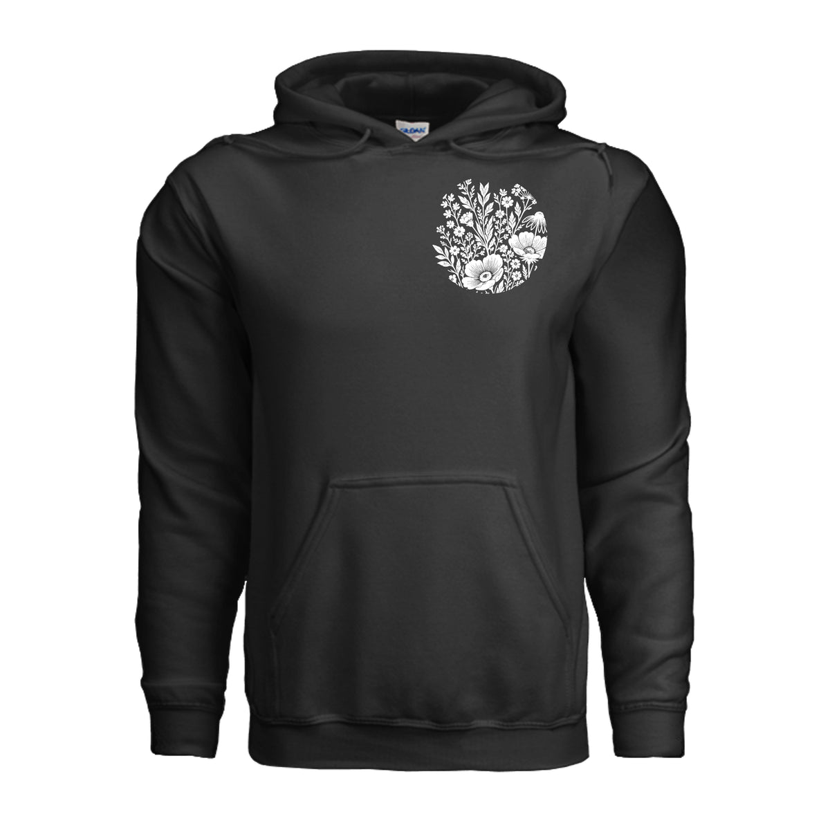 In the Waiting, God Is Working floral hoodie in Black, front view with small wildflower chest emblem