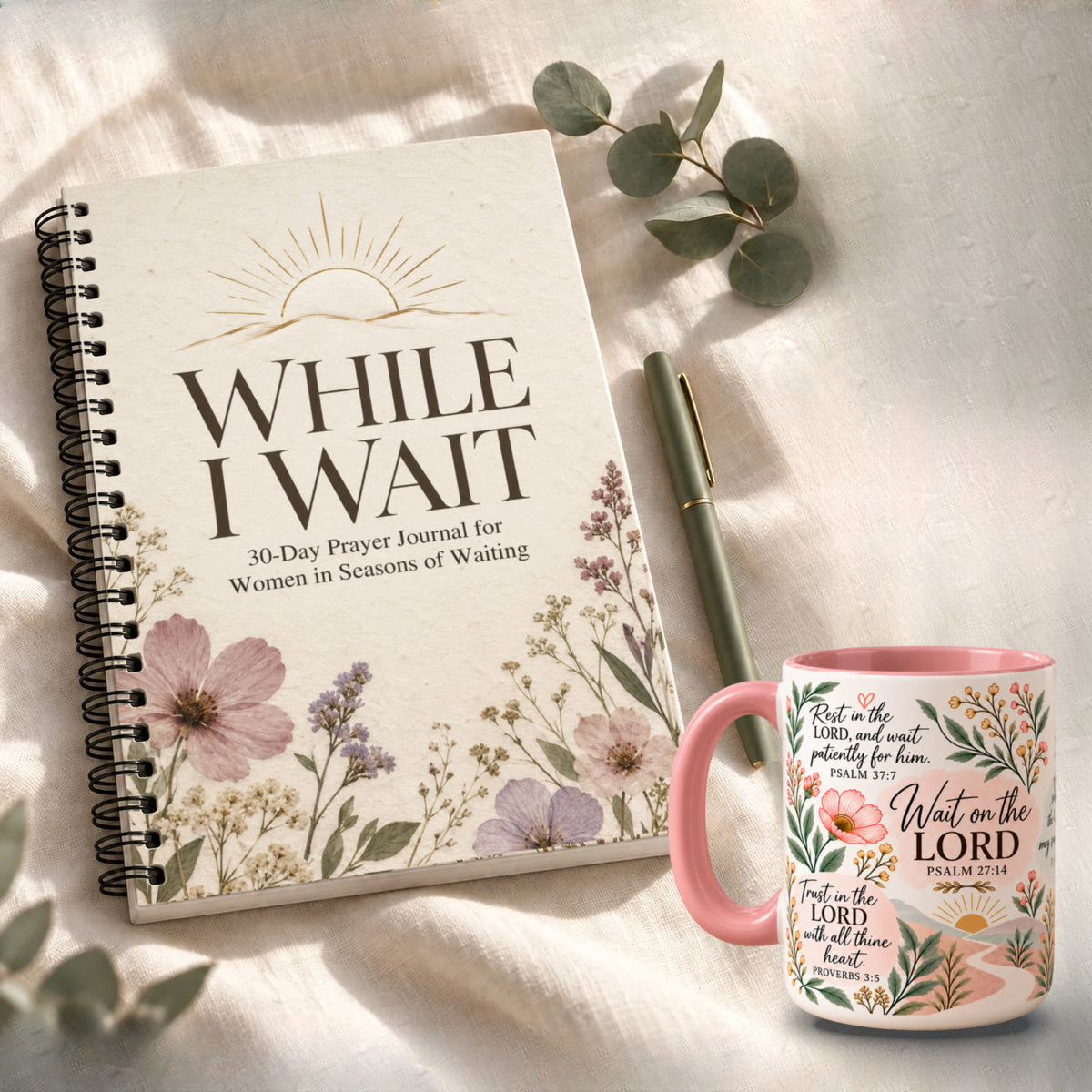 Quiet Time Gift Set: While I Wait spiral prayer journal with a floral Scripture mug on cream linen